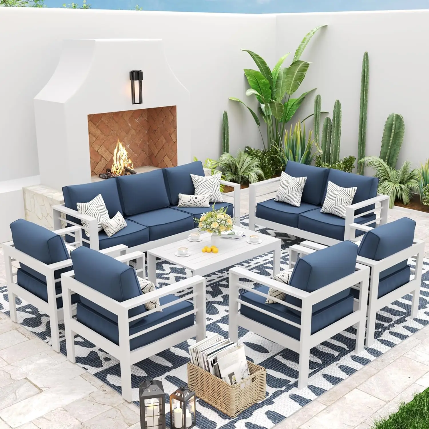 

Oversized AluminumPatio Furniture Set, Modern Metal Outdoor Patio Conversation Sets, Sectional Sofa(White&blue/White&light Grey)