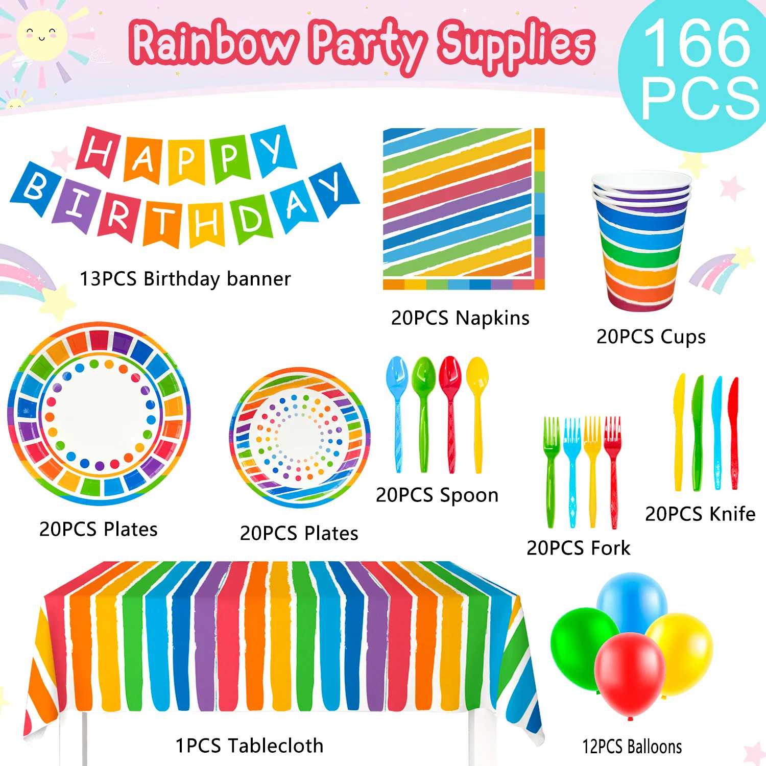 Rainbow Party Supplies,166pcs Party Decorations&Tableware Set-Rainbow Party Plates Napkins Cups & Rainbow Balloons Banner etc