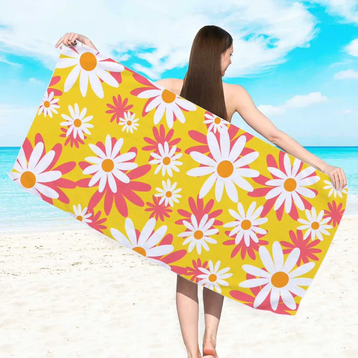 Daisy Flower Beach Towel Yoga Mat Microfiber Quick Dry Floral Bath Towel for Bathroom Swim Sports Gym Sand Proof Beach Blanket