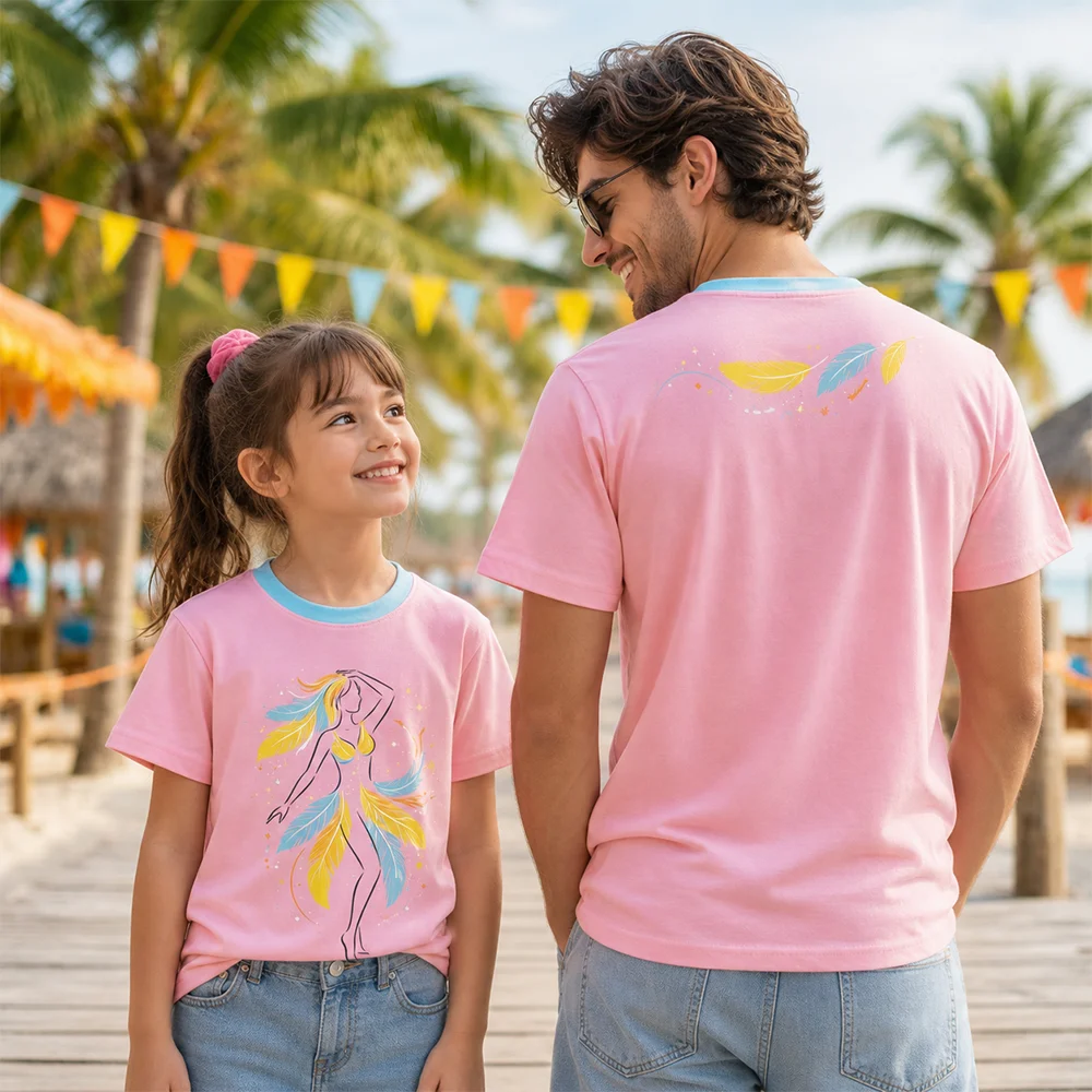 Summer Parent-Child Tropical Beach Hula Dancer Feather Printed Breathable Short Sleeve T-Shirt for UK August Bank Holiday