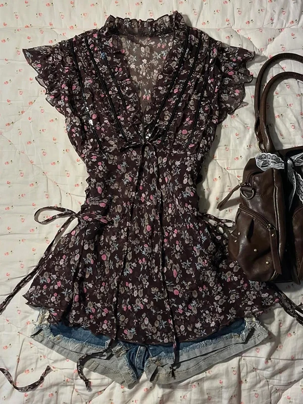 

Винтажный коричневый шифоновый топ с цветочным принтом, женский летний топ, винтажный шифоновый топ с цветочным принтом, женский модный летний топ