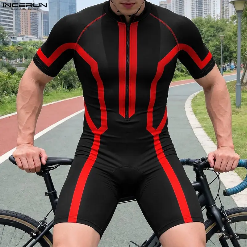 INCERUN Men's Rompers Patchwork Color-block Zipper Short Sleeve Male Bodysuits Workout Bodybuilding Fashion Casual Playsuits Men