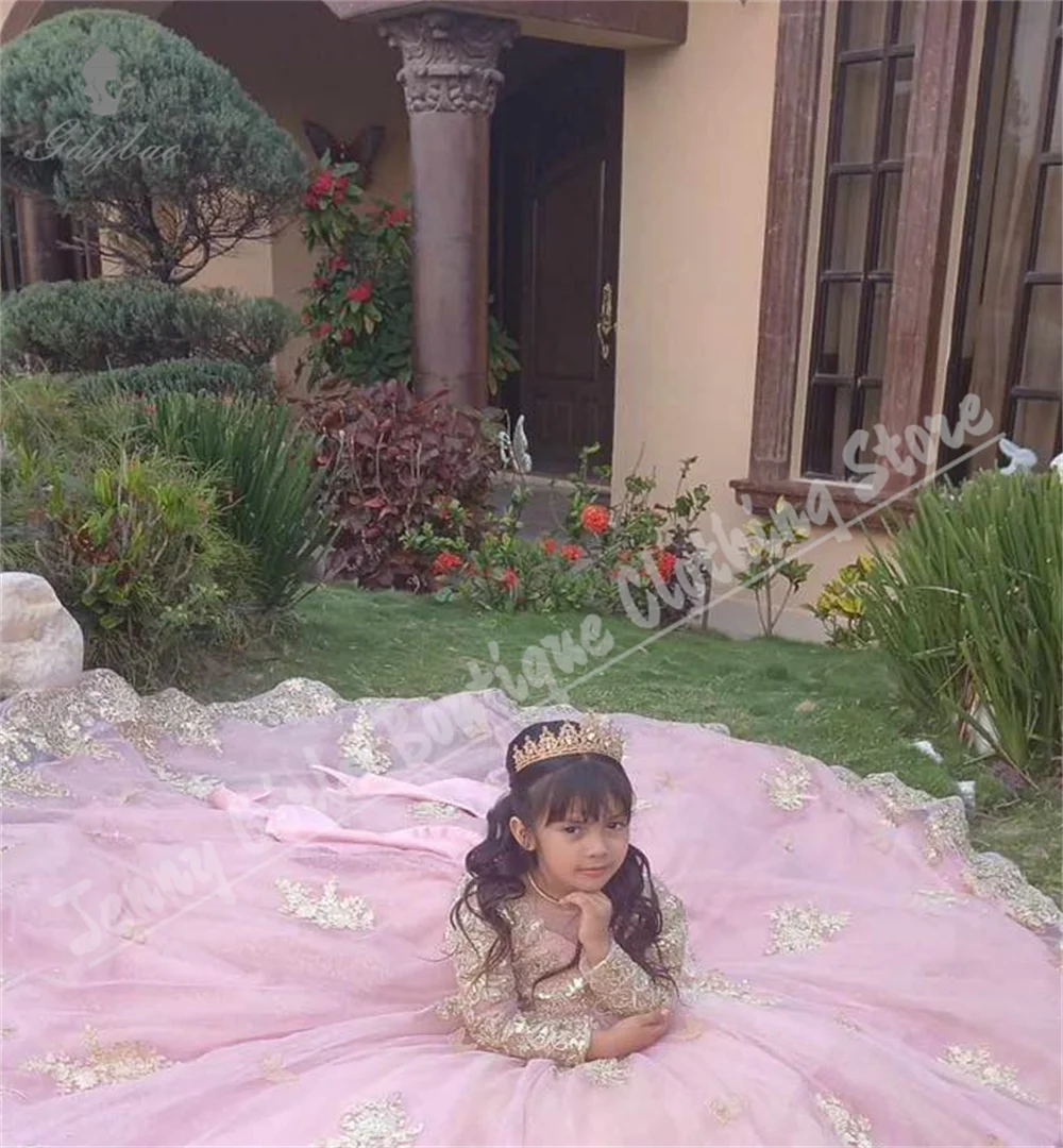 Luxury Pink Flower Girl Dress For Wedding Fluffy Bow Long Sleeve Gold Appliqué Princess Birthday Dress Suitable Formal Events