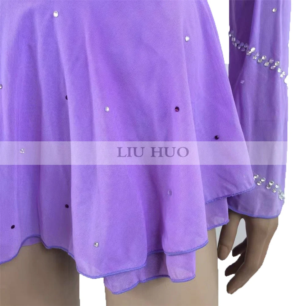 LIUHUO フィギュアスケートドレス女性女の子 Aldult アイスパフォーマンス体操競技ダンス衣装紫長袖バレエ