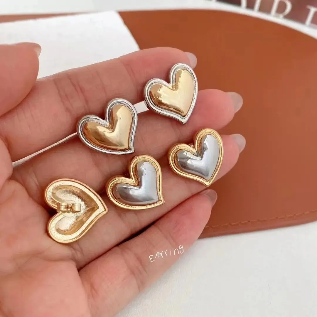 

10 Pairs, Dainty Minimalist Heart Stud Earrings Gold Silver Color Metal Statement Jewelry Gift сережки женские