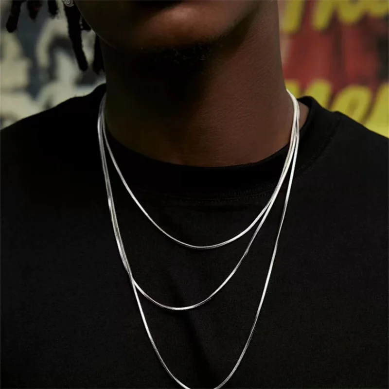 1.2mm Stainless Steel Square Snake Chain Necklace For Men Simple Silver Color Basic Chain Necklace Hip Hop Jewelry Accessories