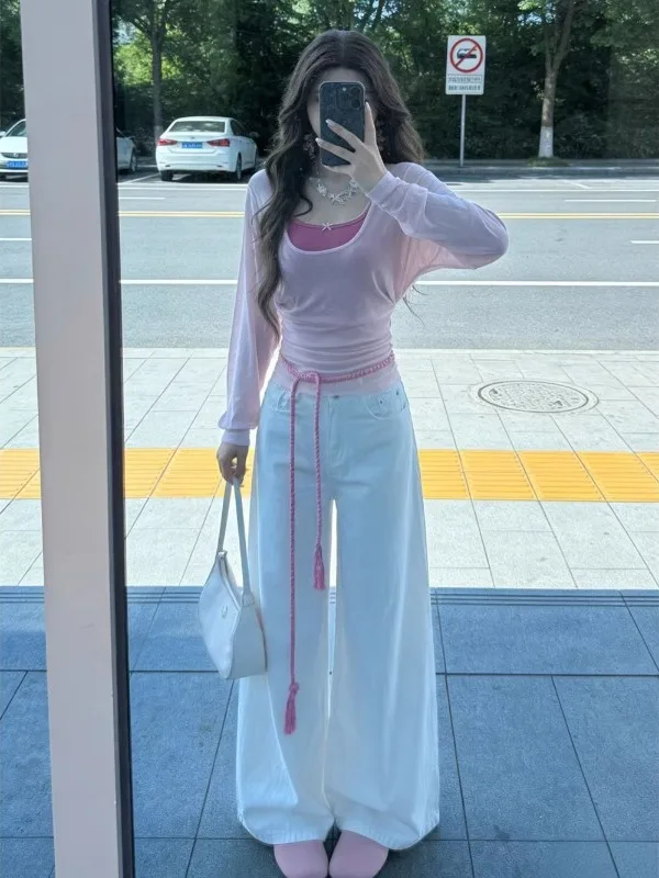 

plus Size Women's Korean Style Drawstring Long Sleeve Top And Bottom Set Summer Unique Beautiful Miu System Strap T-Shirt