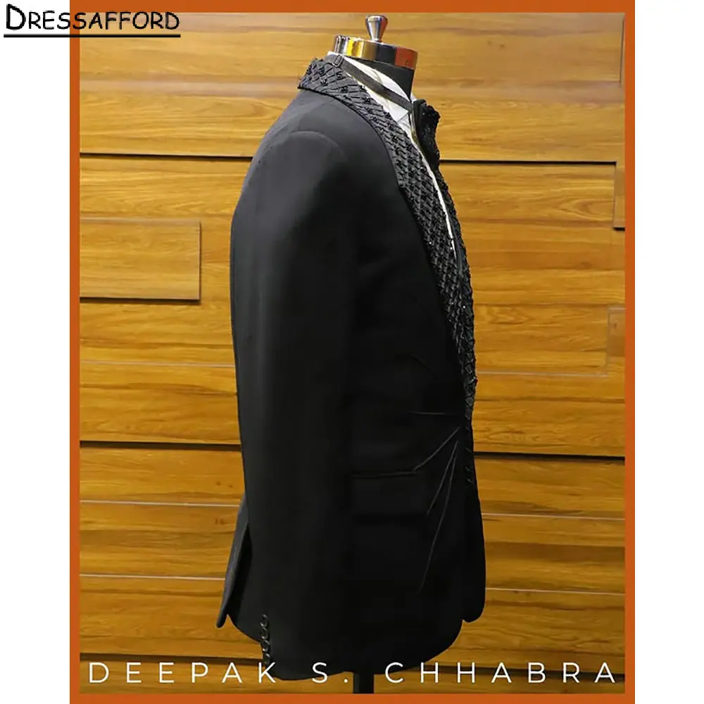 Black Formal Wedding Suits Pleat Crystal Beading Men's Business Suit 2 Pieces (Jacket+Pants) Man Tuxedo Groom Wear