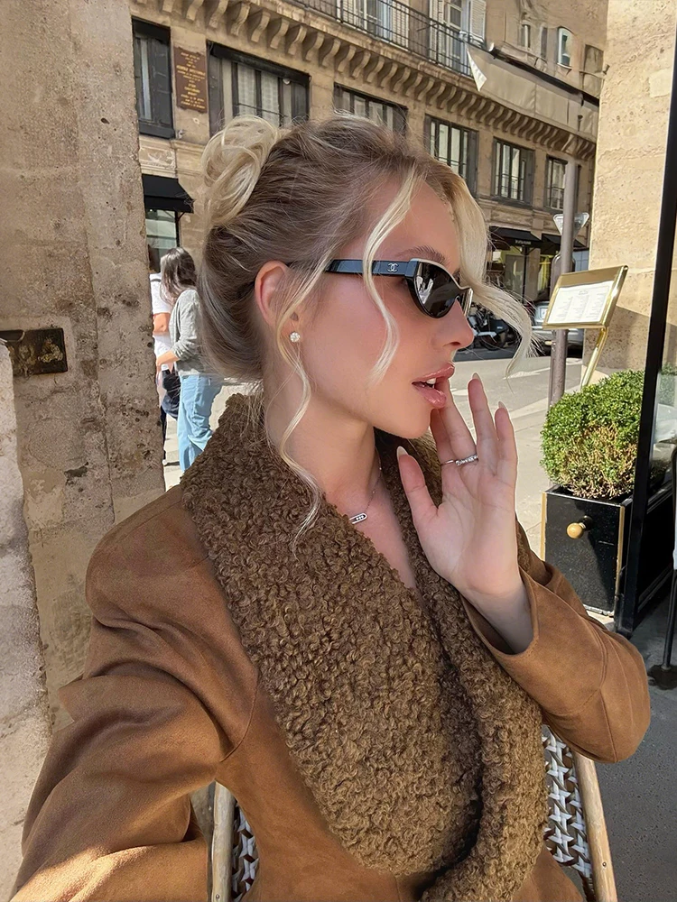 

Nibber Patchwork Fleece Collar Crop Coat Women Double-Breasted Single Button Full Sleeve Autumn Trend Office Elegant Streetwear