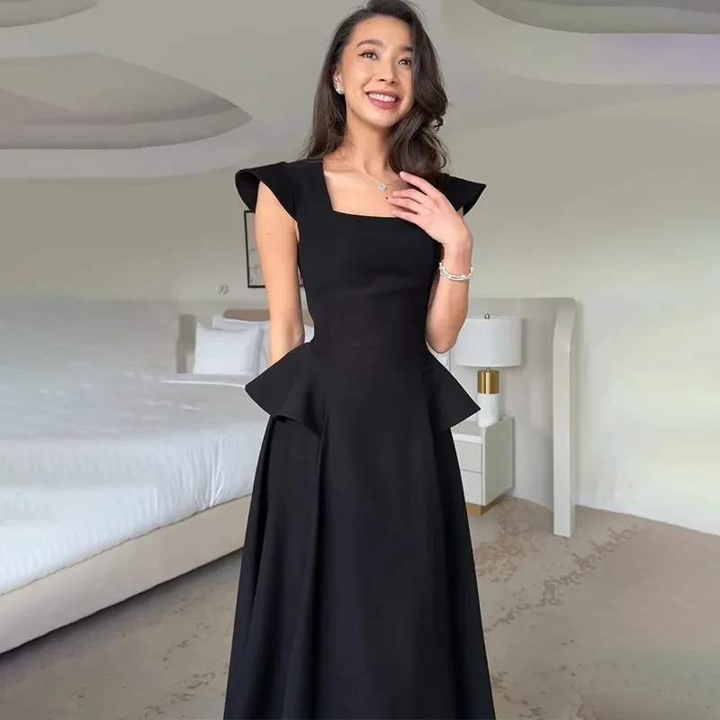 2026 New Women Fashion Elegant Solid Color Sleeveless Square Neck Bodycon  Ruffle Trim Dress Long Skirt Temperament Lady