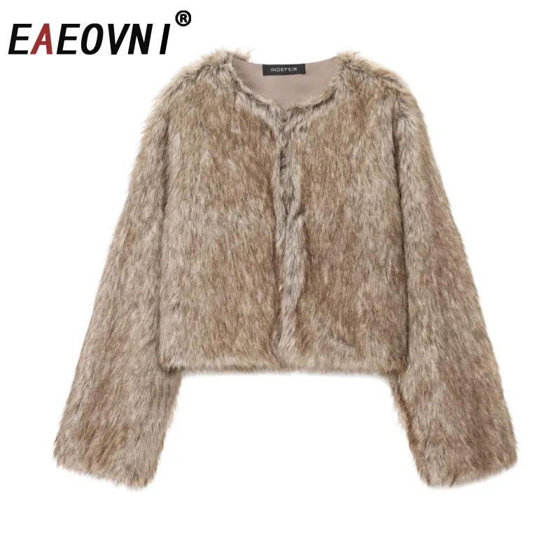 

EAEOVNI Vintage Autumn Winter Jacket Women Faux Fur Spliced Long Sleeve Warm Solid Color Coat Streetwear 2025 New Clothing