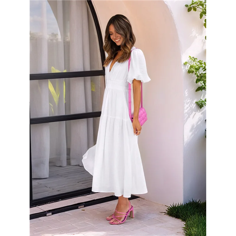 Robe mi-longue à plusieurs niveaux pour femmes, col en V profond, manches courtes bouffantes, taille haute élastique, fluide, ligne A