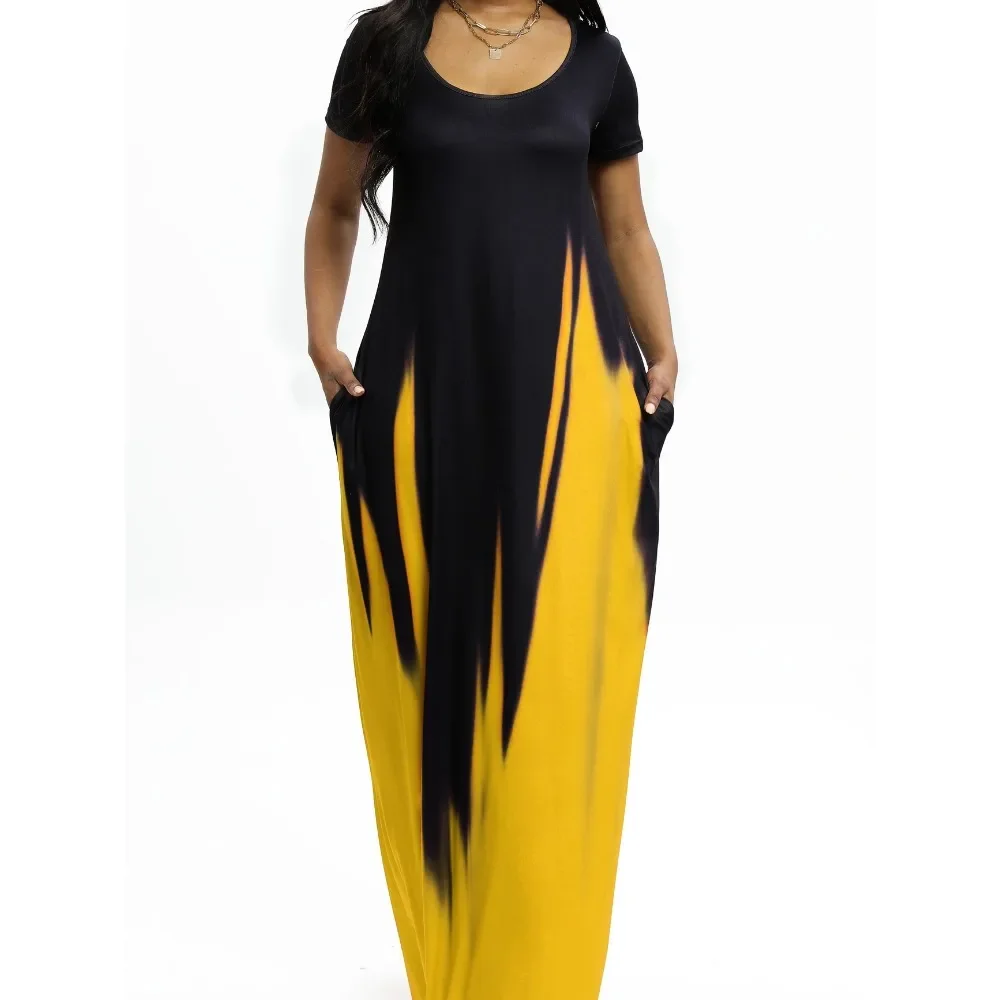 แม็กซี่เดรสแขนกุดยาวผู้หญิงขนาดบวกสีดําถึงสีม่วง Ombre พิมพ์หลวมพอดีคอกลมพร้อมกระโปรงกระเป๋า