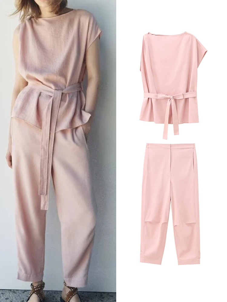 TRAF 2024 Autumn Women 2PCS Sets Loose Blouse With Belt Pant Suit Long Sleeve Shirt High Waist Wide Leg Pant Causal Set