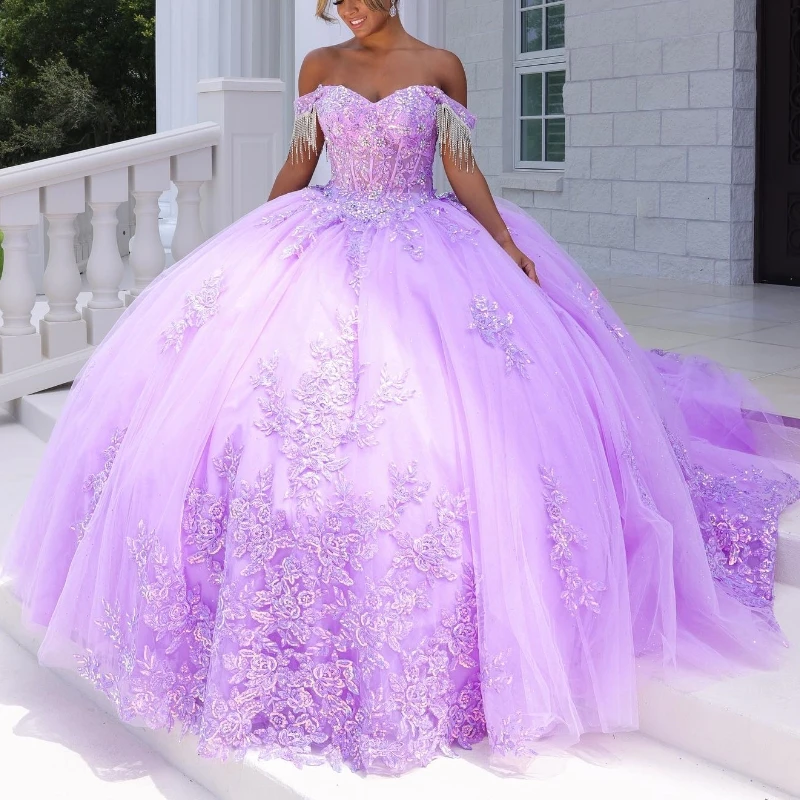 

Mexican Lilac 2024 Quinceanera Dresses Applique Lace Sweet 16 Dress Applique Lace Beads Tull Ball Gown Corset Vestidos De 15Años