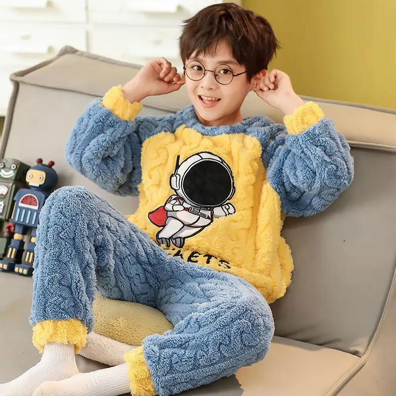 Winter Autumn Flannel Pajamas Boys Long Sleeve Tops+Pants Suits Cartoon Cute Coral Plush Comfortable Home Pjama Set