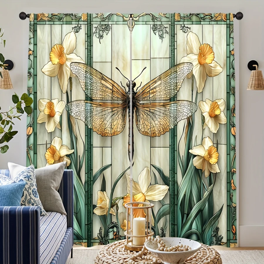 2PCS Digital Print Sheer Curtain, Stained Glass Yellow Flower Dragonfly, Vintage Style Window Treatment for Home Decoration