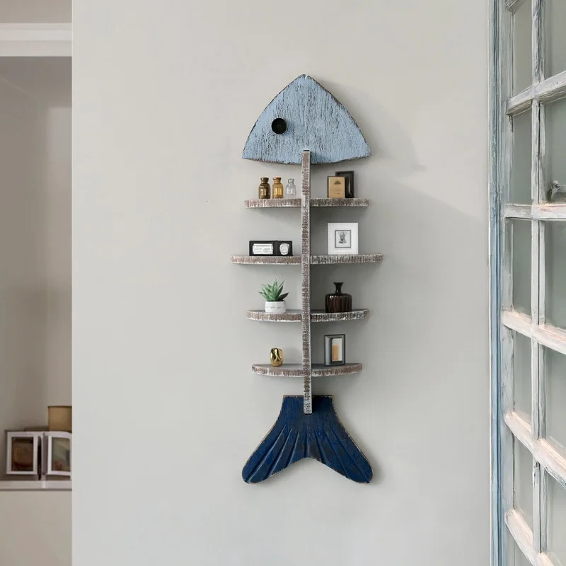 

Mediterranean Style Wooden Fish Bone Shape Wall Hanging Storage Rack Cafe Living Room Wall Decorative Bookshelves DIY Home Decor
