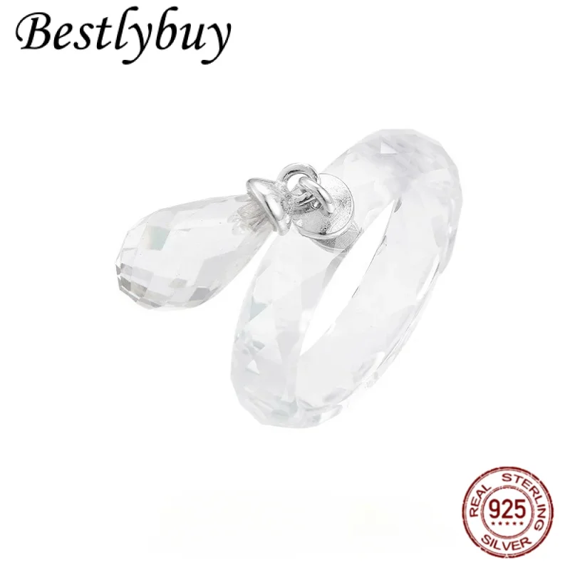 

Прозрачный натуральный белый кристалл, серебро 925, капли воды, простые круглые кольца для женщин, романтический минимализм, шикарное блестящее кольцо, новый подарок