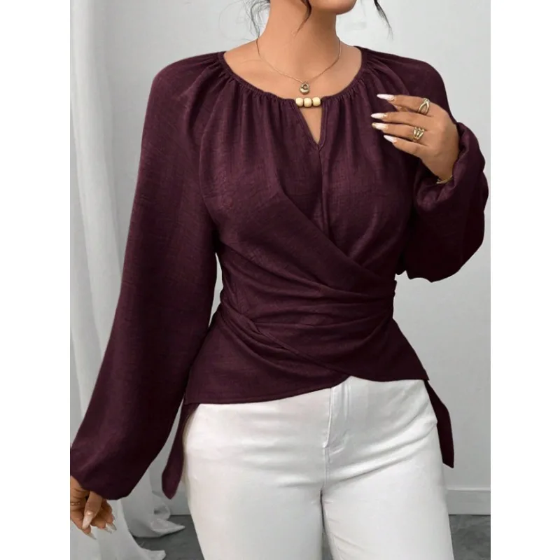 Elegant Blouse for Women Round Neck Beaded Detail Long Lantern Sleeve Waist Ruched Slim Fit Casual Commuter Textured Shirt