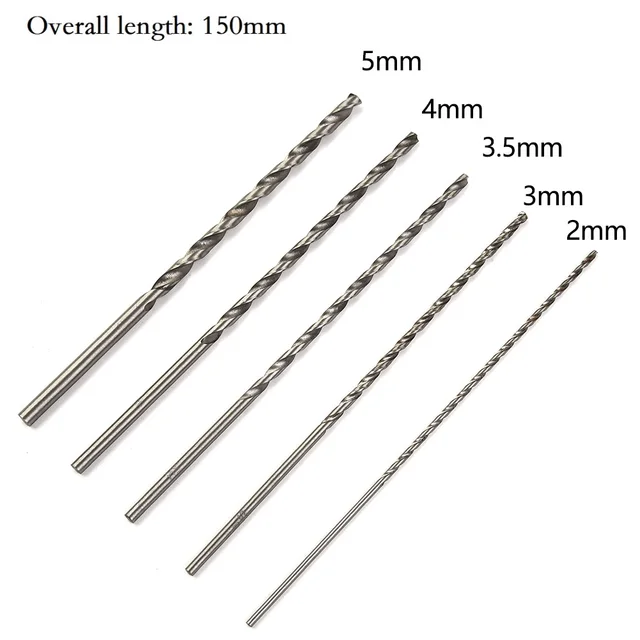 5 sztuk bardzo długich wierteł ze stali szybkotnącej HSS 150 mm Zestaw wierteł 2 mm/3 mm, 3,5 mm, 4 mm, 5 mm do drewna, aluminium, tworzyw sztucznych
