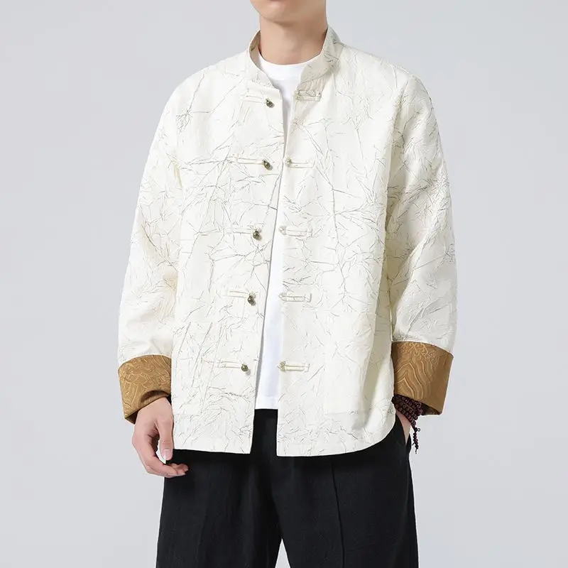 

Ретро китайский джет с воротником-стойкой для молодых мужчин, модифицированная верхняя одежда Hanfu большого размера, весенне-осеннее пальто с медной пуговицей