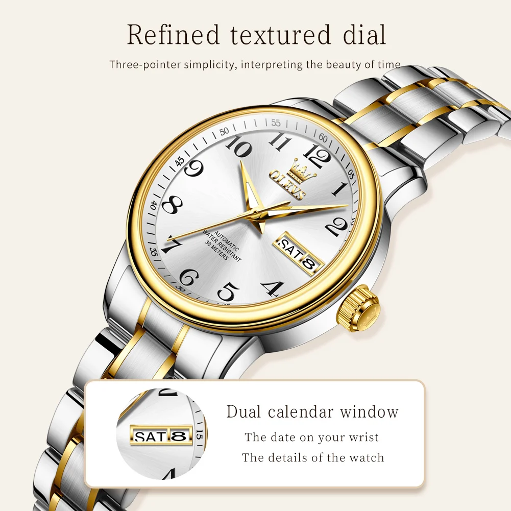 

OLEVS брендовые модные женские часы с двойным календарем, водонепроницаемые светящиеся автоматические механические часы, классические простые оригинальные часы