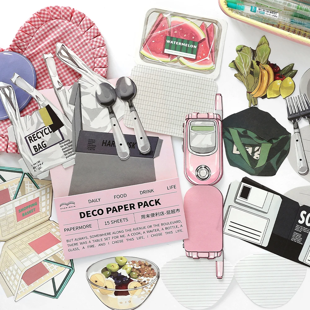 15pcs Weekend Convenience Store Series Kawaii Ins Message Notes Creative Handbook Deco Scrapbooking Material Craft Paper