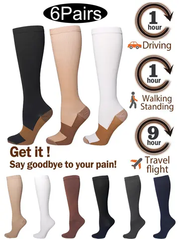 6Pairs Copper Ion Sports Compression Socks for Men Women Solid Color Compression Pressure Socks for Cycling Football Basketball