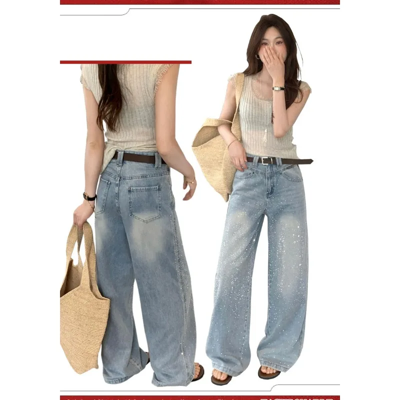 

штаны в стразах Korean High Waist Slim Full Rhinestone Floor Wide Leg Pants Women Star Bling Denim Trousers Casual Daily Fashion