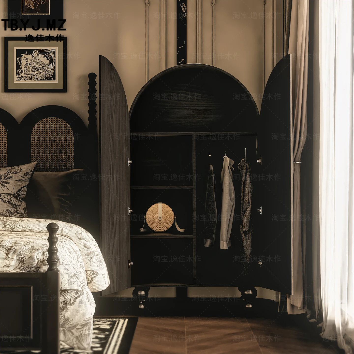 غرفة نوم بباب حديث وبسيط وخزانة ملابس من الخشب الصلب وخزانة غرفة المعيشة #4