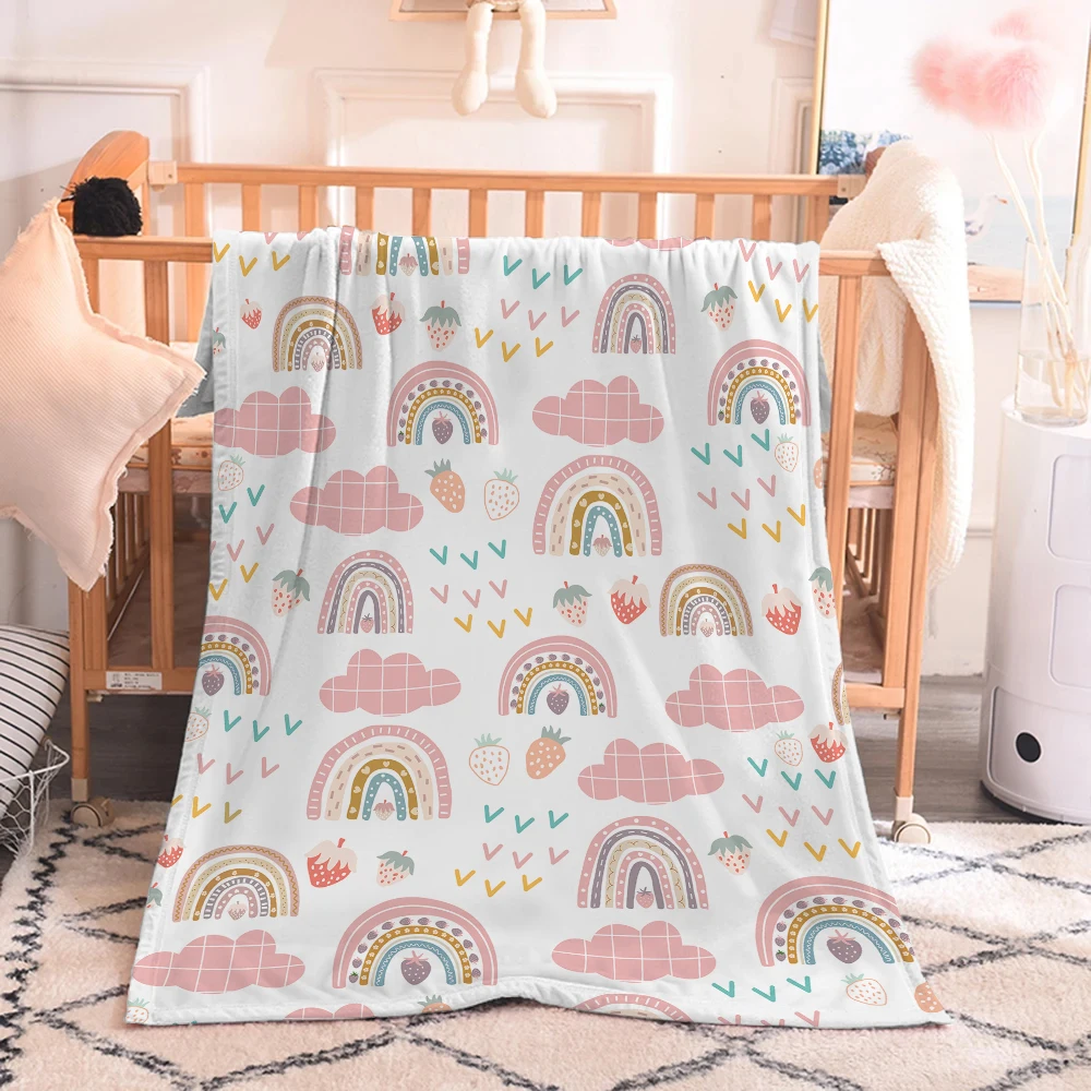 Kids Strawberry Blanket, Cute Bohemian Girl Rainbow Blanket, Light Fluffy Strawberry Blanket Rainbow Wool Blanket