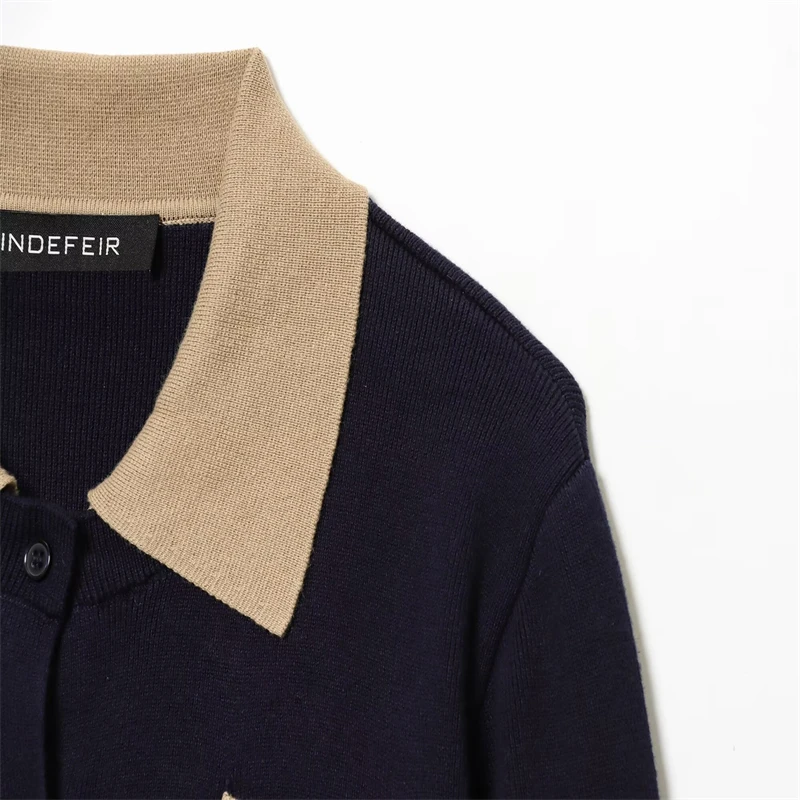 Button Front Patch Pocket Long Sleeve Sweater, Trendy Daily Wear for All Women's Navy Blue Contrast Collar Knitted Cardigan
