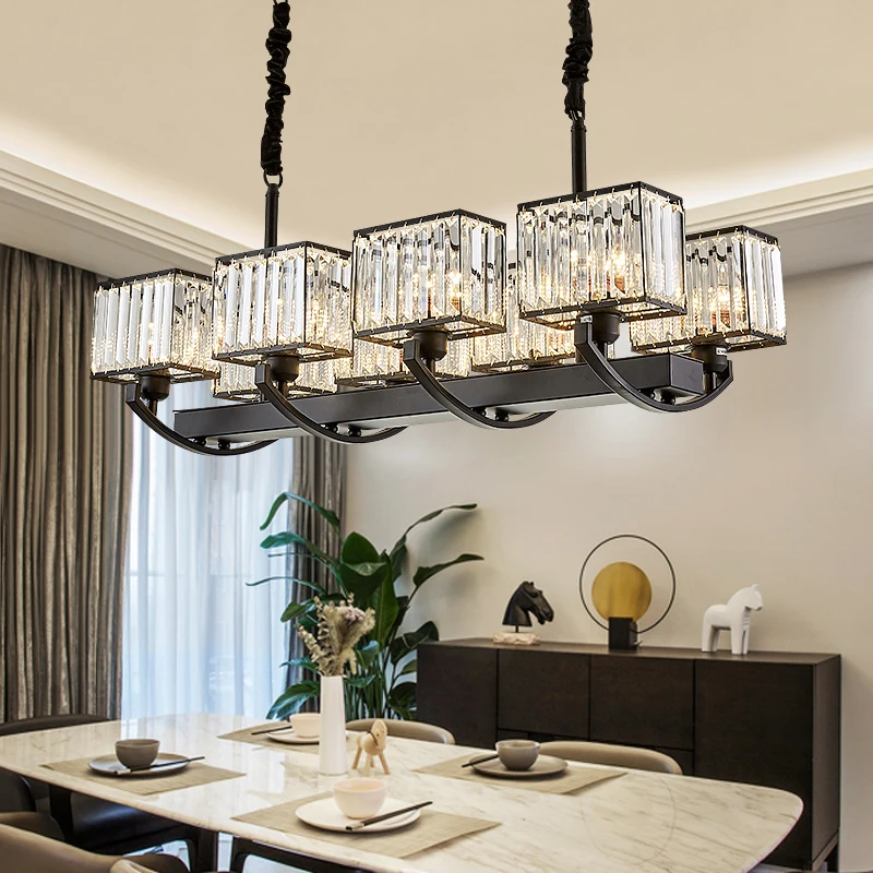 2024 Rectangle Indoor Luxury Pendant Light Black LED Hanging Lights Home Nordic Modern k9 Restaurant Lamp Crystal Chandelier