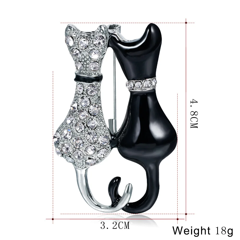 Fashionable black-and-white painted diamond-studded double fox brooch, clothing cat brooch accessories, factory wholesale