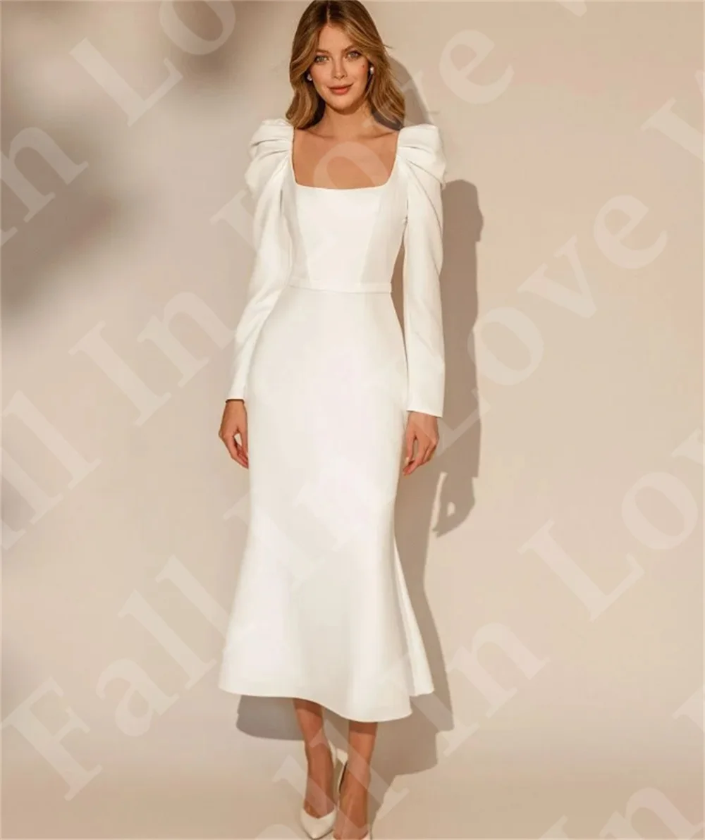 Elegant Wedding Dresses 2024 Square Neck Long Sleeve Short Mermaid Tea-Length Bridal Gown Wedding Party Dress Satin Formal Dress