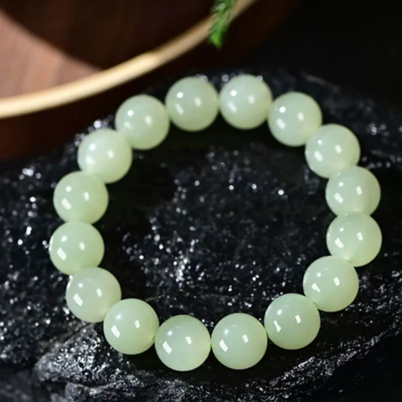 Hetian Greenish White Jade BottomSingle-Wrap Bracelet round Water Light Green Beads 6-1