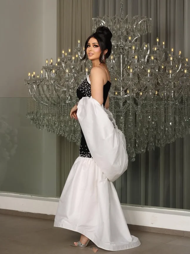 Robe de soirée longue de forme sirène, noire et blanche, avec enveloppe, sans bretelles, froncée, cristal, robe de Gala, Pastrol Unis, sur mesure