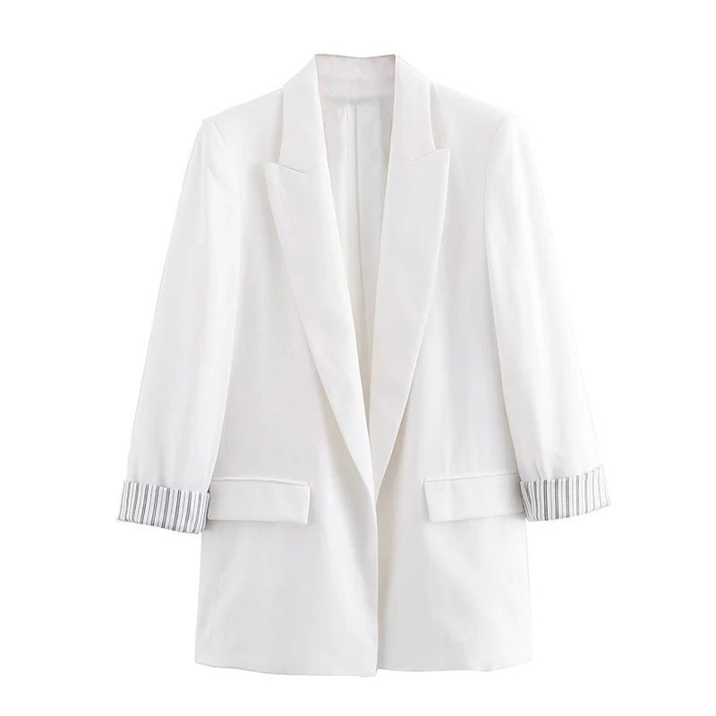 ZHUISHU Wiosna Jesień Damska lniana marynarka Casual Roll Sleeves Luźna, wszechstronna dekoracja kieszeni Płaszcz garniturowy