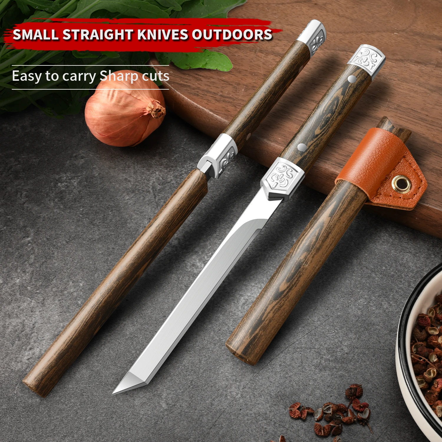 

Kitchen stainless steel portable fruit knife, fruit cutting pocket straight knife, outdoor imitation wood handle manual knife