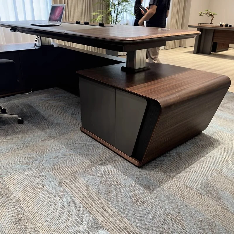 Modern Minimalist Electric Height-Adjustable Executive Desk 3.28m,Office Workstation with Bookshelf & Chair,Powder-Coated Finish