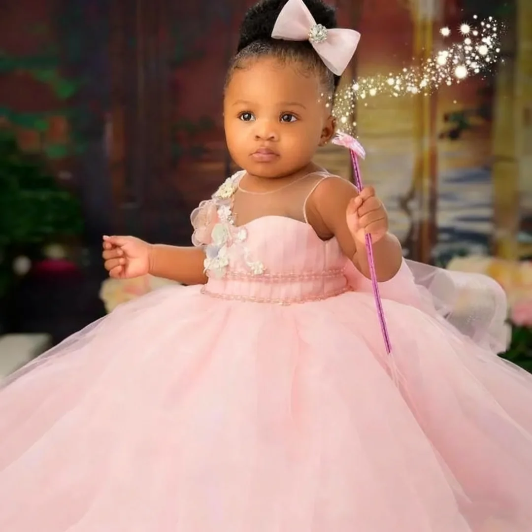 Robe de mariée mignonne pour bébé, motif Floral 3D, sans manches, pour fête d'anniversaire, princesse, robe formelle de première Communion, personnalisable