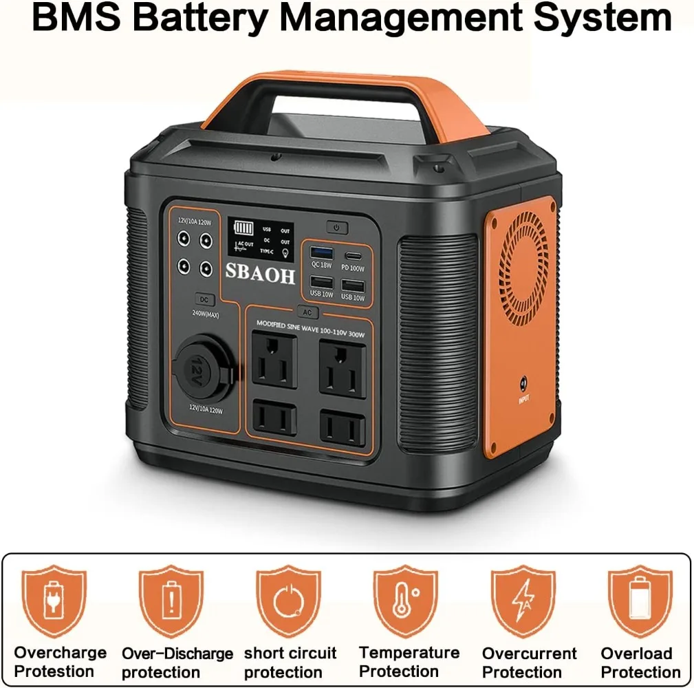 태양광 발전기 급속 충전, 110V AC 콘센트, DC 포트, LED 손전등, 야외 여행용 리튬 배터리 백업, 300W, 296Wh