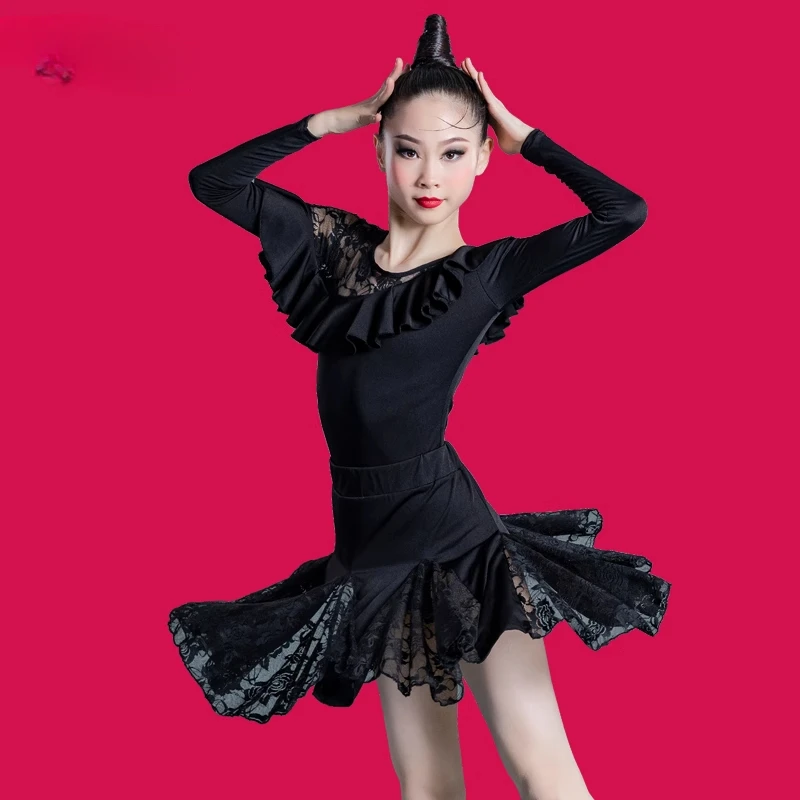 

New spring and summer Latin dance performance dress girl children splicing lace skirt girl dance training dress separate dress