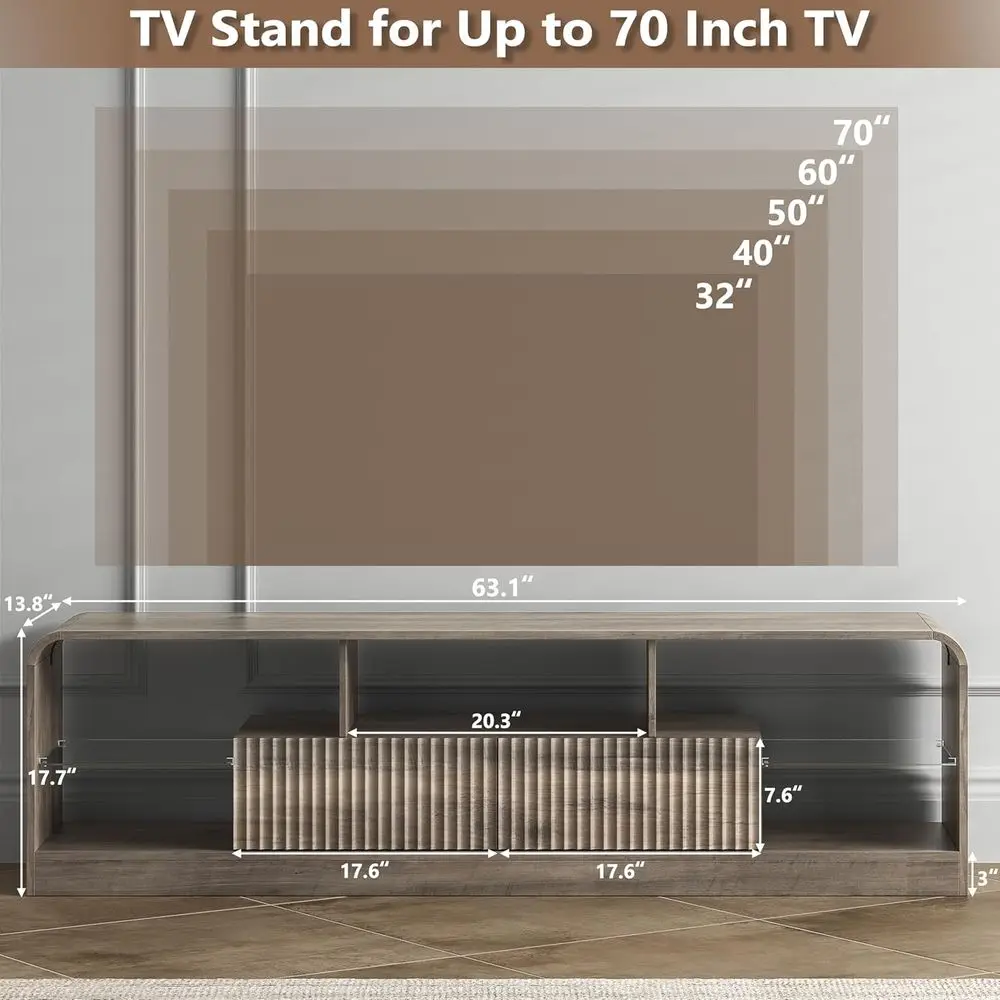 TV Stand or 60/65/70 Inch TVs, ern Curved TV ole with LED Lights, 2 Ders & Glass Shelves, Living Room Entertainment Center