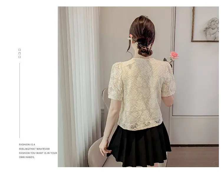 ใหม่เสื้อลูกไม้ปุ่มมุกสําหรับเสื้อแขนพัฟปักแฟชั่นของผู้หญิง