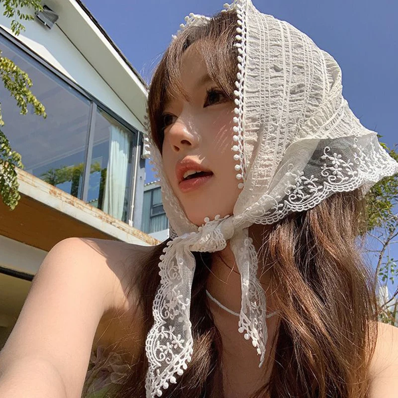 Coreano Ins Lace Cachecol de Cabelo para Mulheres, Triângulo Hair Band Strap, Saco Headscarf, Chapéu, Lenço Foto Viagem, Headband Acessórios