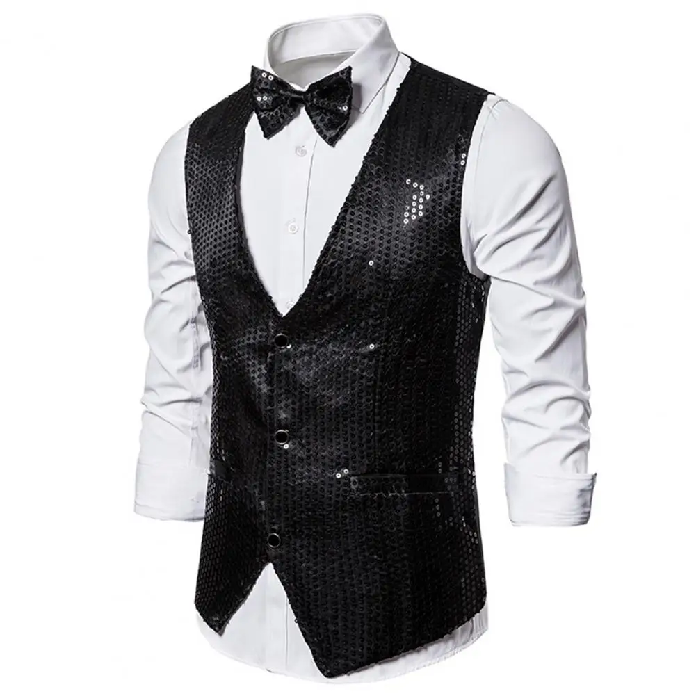 

Men Fashion Waistcoat Sequin Vest Bow Tie Set for Men Retro Disco Groom Wedding Party Waistcoat with Shiny V for Special for Men