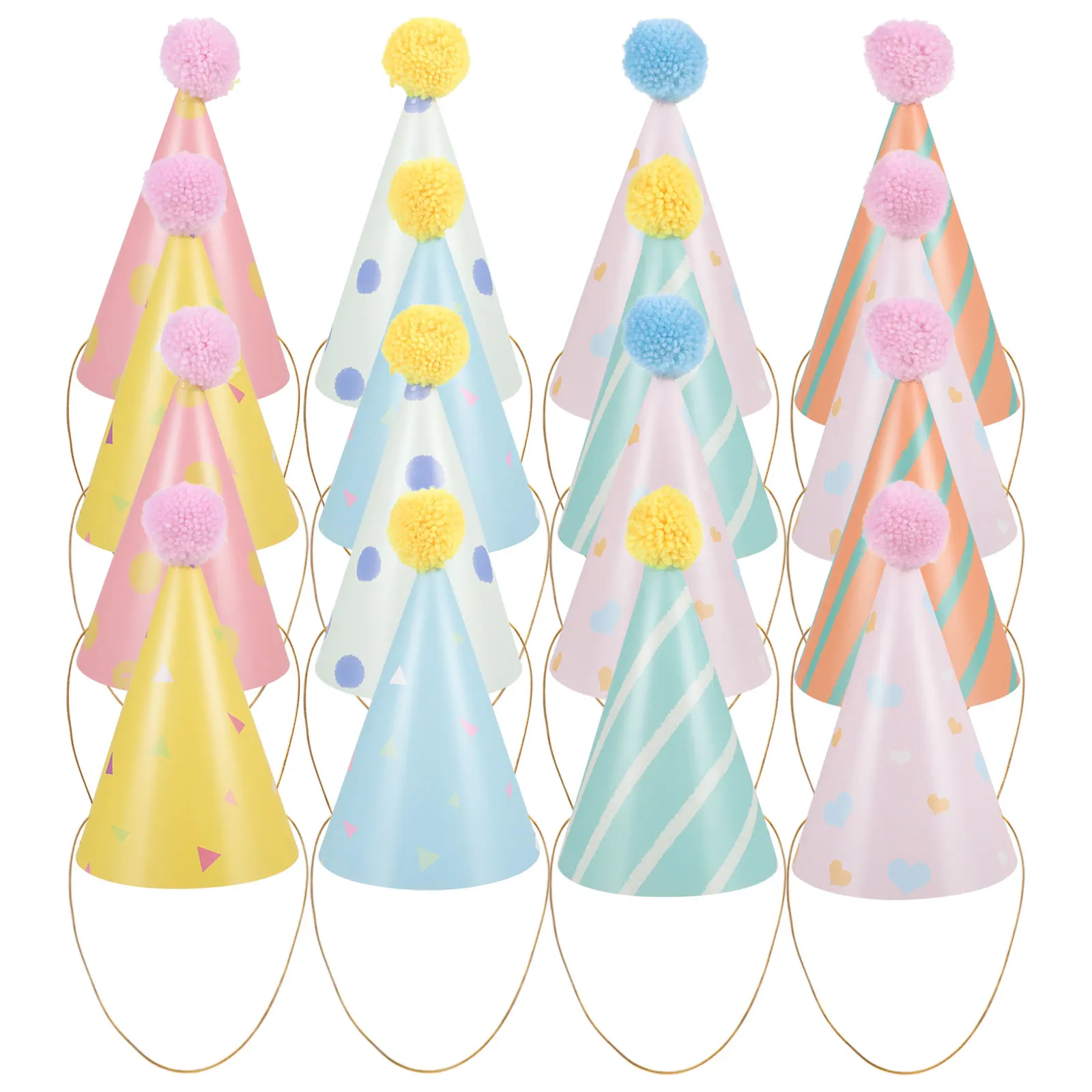 

Birthday Hats Paper Cone Party Adult Kids Decorations Photo Props Reusable Festive Designs Pompom Celebrations Themes