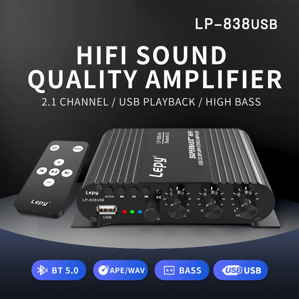 

12V Bluetooth-compatible 5.0 Power Amplifier 2.1CH Bass Treble RCA Input 38W x 2+50W Output 3 Channel Audio Speaker Sound Amp